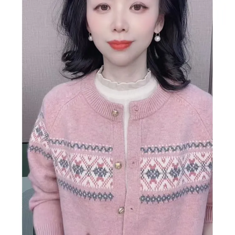 提花拼色圆领民族风插肩袖毛针织衫春季新款长袖气质针织开衫女