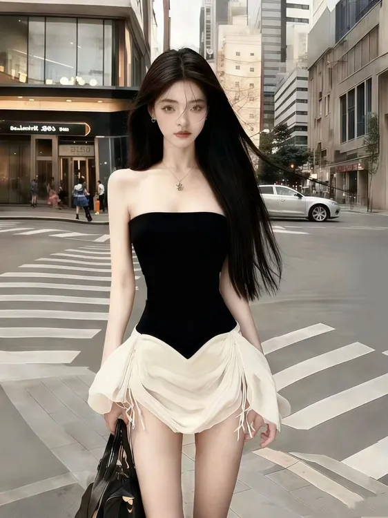 韩版氛围感小众纯欲穿搭撞色一字肩露肩无袖抹胸修身收腰连衣裙女