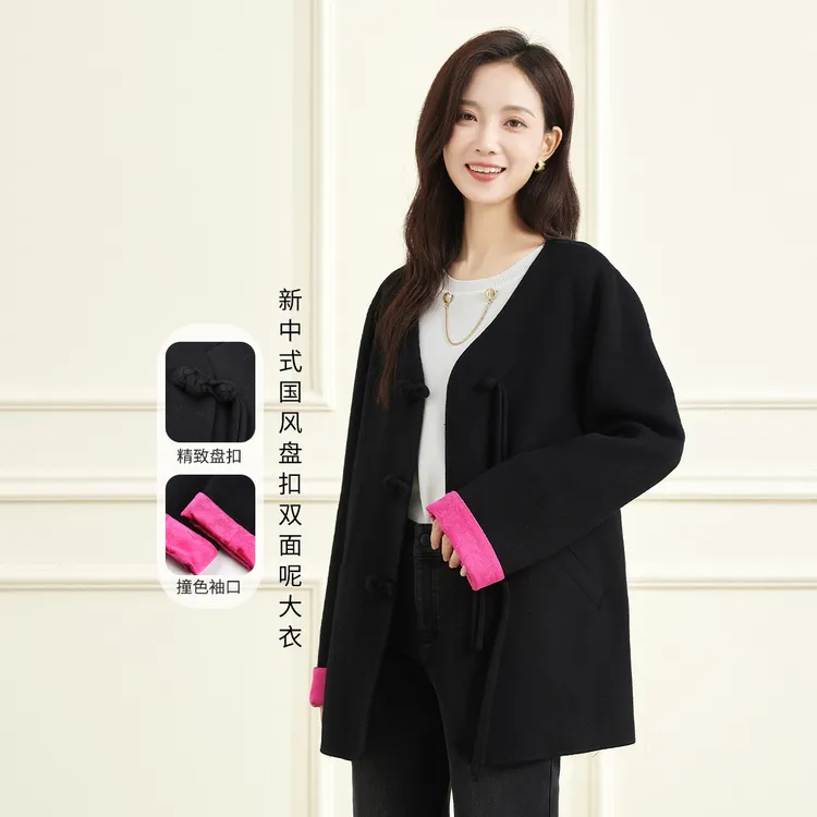 新中式绵羊毛大衣冬季气质优雅中国风盘扣女毛呢外套GD518210