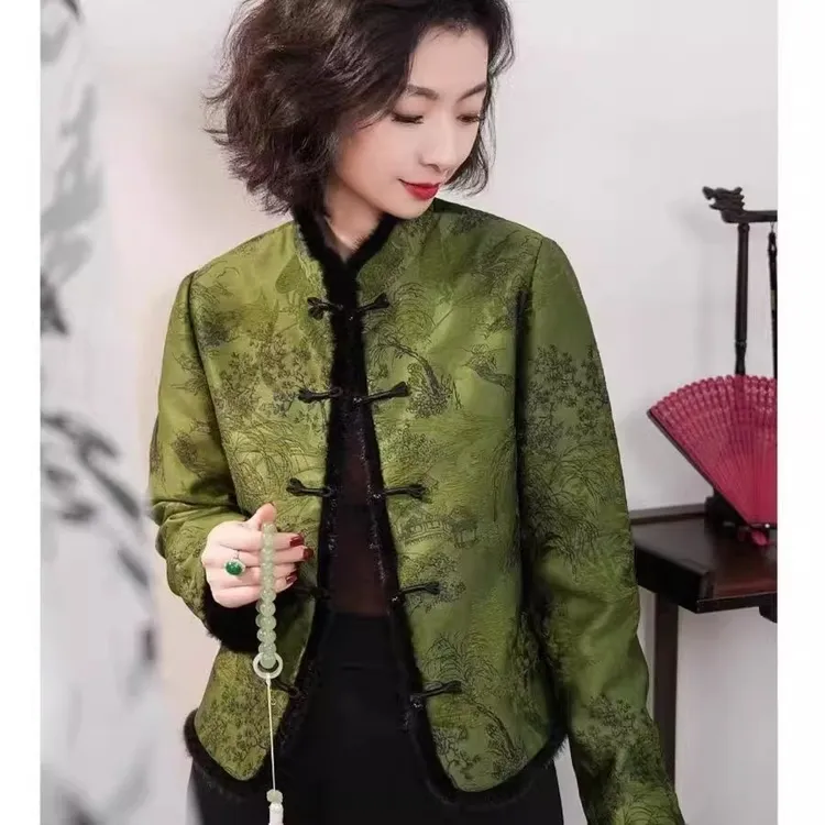 新中式秋冬加棉加厚宽松外套女国风立领盘扣提花显瘦气质保暖棉服