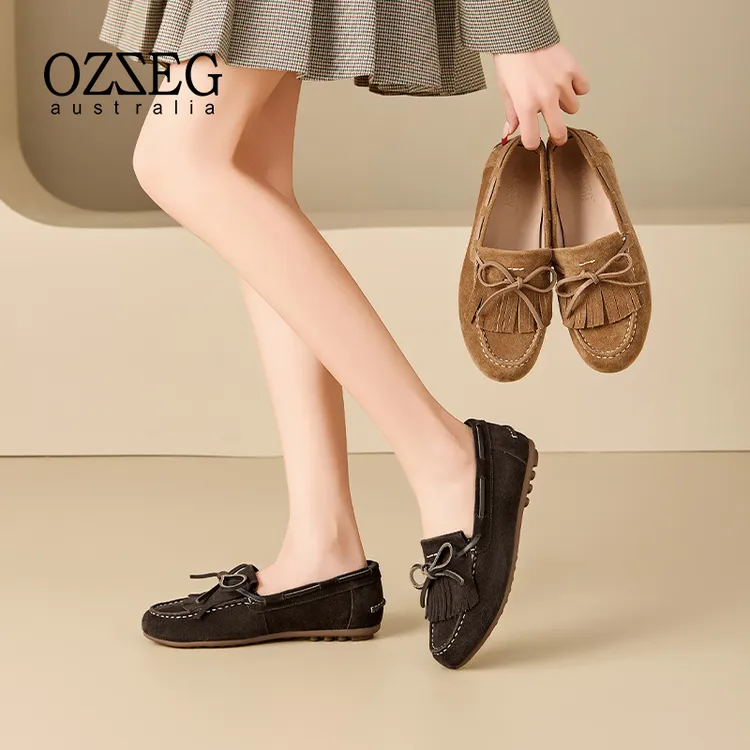 OZZEG澳泽格2025春季新款舒适百搭休闲真皮女乐福鞋流苏单鞋25C06