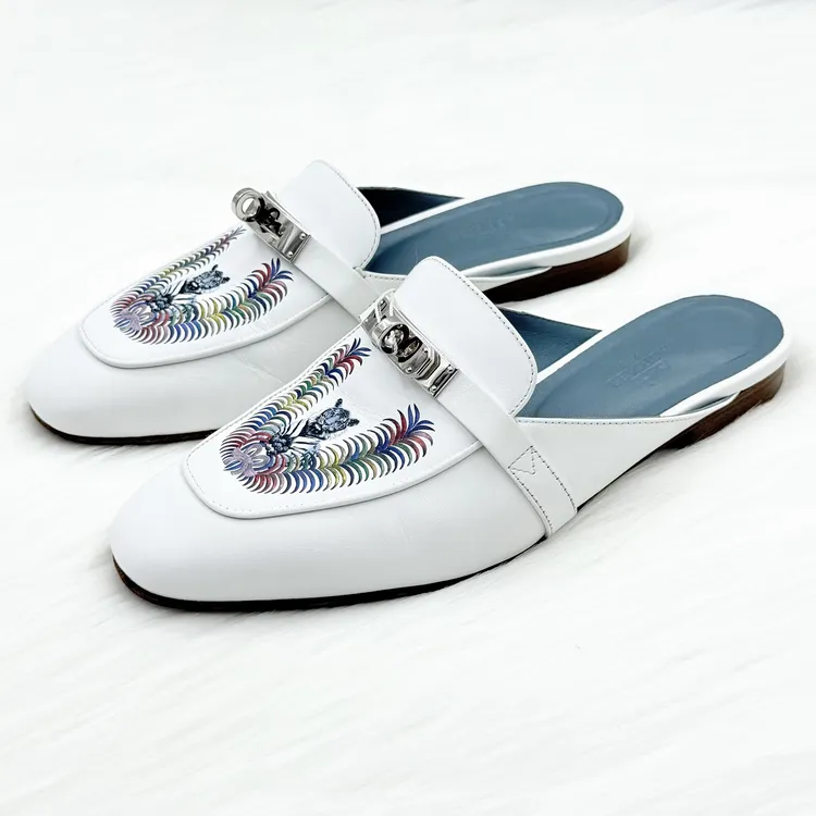 99新 Hermes/爱马仕 老虎印花银Kelly穆勒鞋 37.5码 公价9k j1070