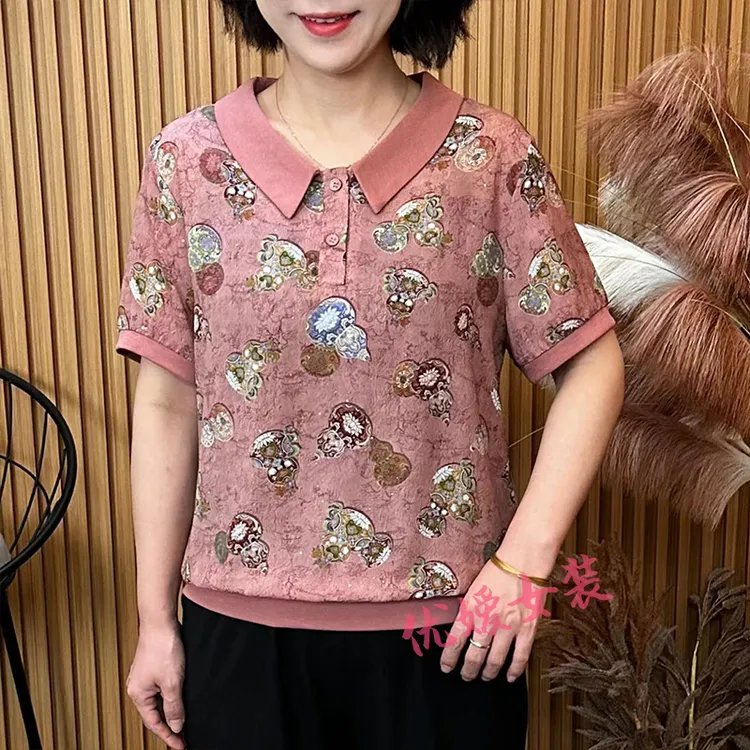 妈妈装夏季薄款时尚宽松翻领印花休闲显瘦百搭中老年女装短袖上衣