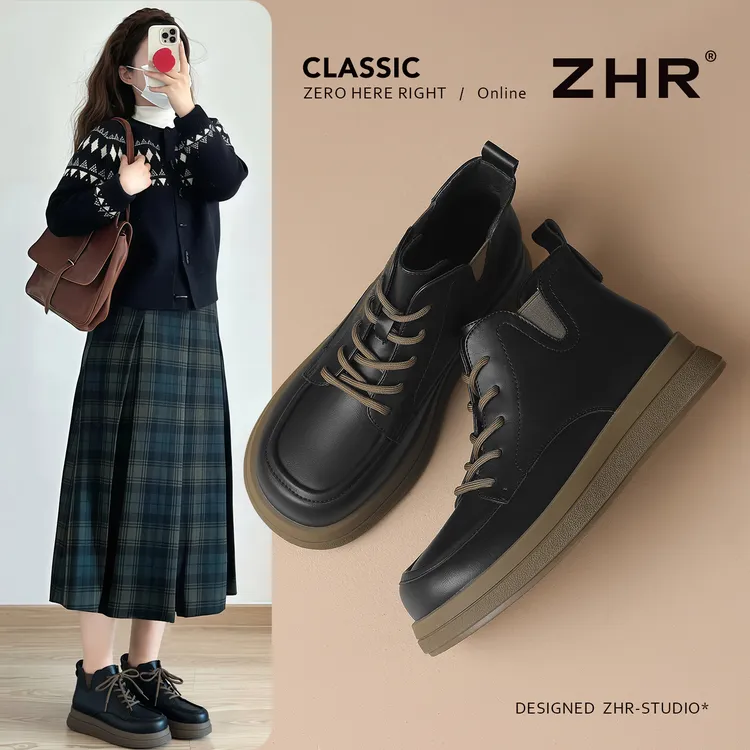 ZHR/则则马丁靴女鞋秋冬新款加绒厚底复古一脚蹬松紧百搭休闲短靴