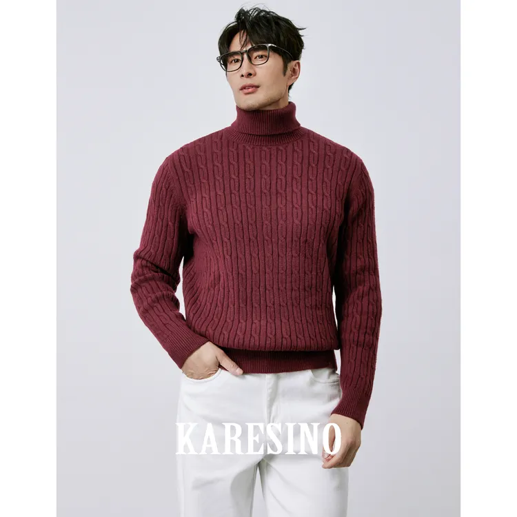 KARESINO软糯保暖羊毛混纺 秋冬季时尚绞花针织衫高领毛衣男厚款