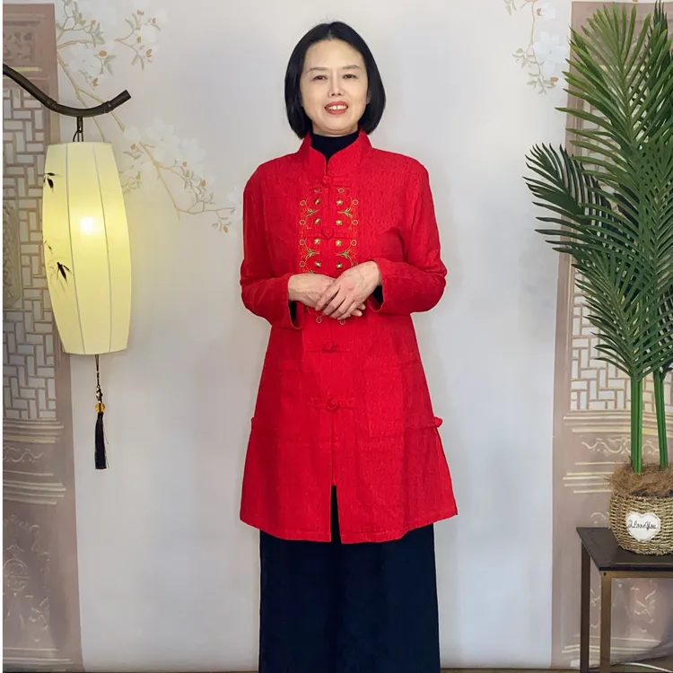 <春彩织韵>布依坊春季三色刺绣中长款提花中式气质妈妈装8148