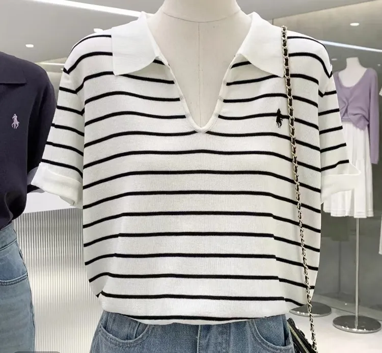 夏季新款撞色刺绣小马短袖修身显瘦百搭气质时尚显瘦休闲针织衫