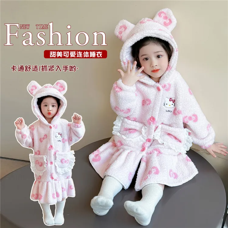 女童睡衣2025新款秋冬儿童法兰绒连帽保暖家居服珊瑚绒女宝宝睡袍