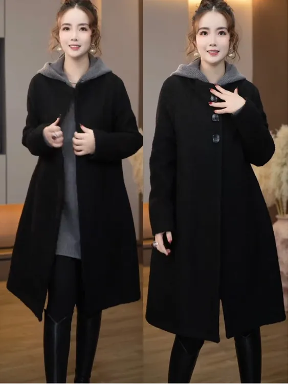 韩系时尚纯色中长款毛呢外套女秋冬高级宽松百搭休闲过膝披风大衣