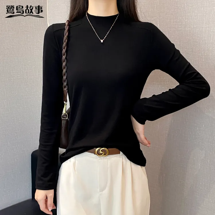 鹭岛故事黑色半高领鱼骨长袖t恤女春秋修身打底衫内搭中领上衣潮