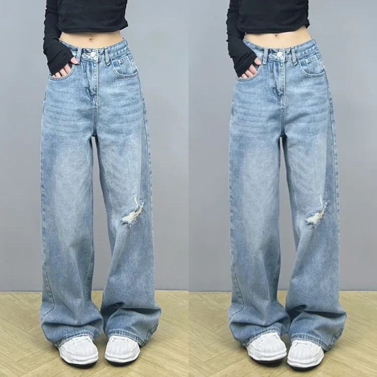 浅色破洞设计感高腰直筒牛仔裤女2025年新款宽松显瘦百搭阔腿长裤