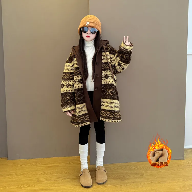 女童2025新款儿童秋冬季韩系森系女孩连帽夹棉毛毛衣打底裤套装潮