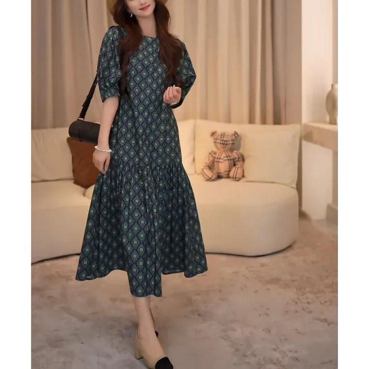 法式气质复古衬衫连衣裙女夏季新款洋气宽松中长款百搭印花长裙子