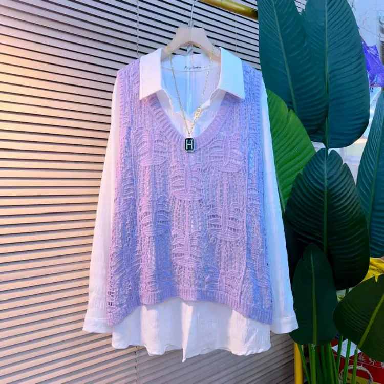 糖果色针织马甲百搭衬衫时尚大码女装胖MM春季两件套