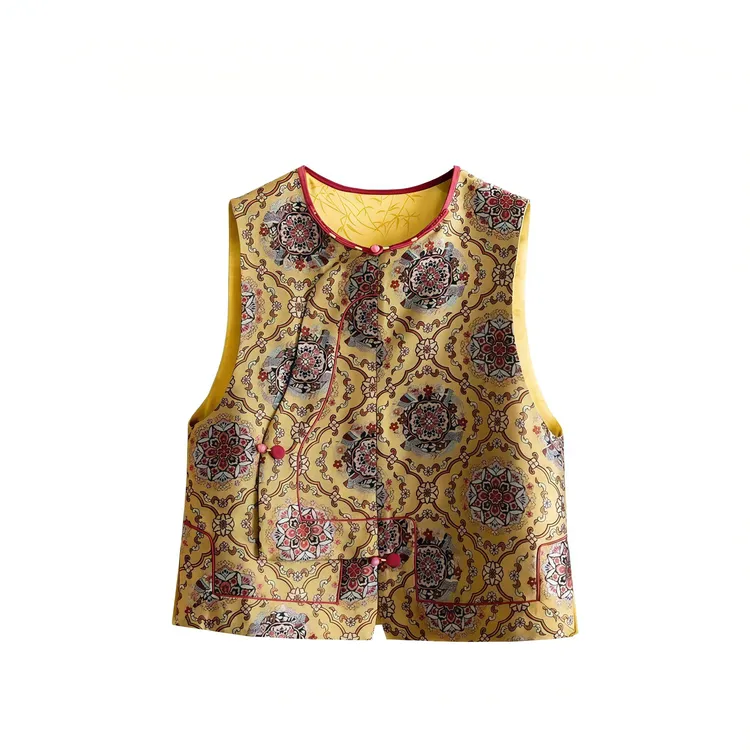 100%桑蚕丝上衣新中式中国风早秋装女马夹唐锦宋锦南油提花盘扣