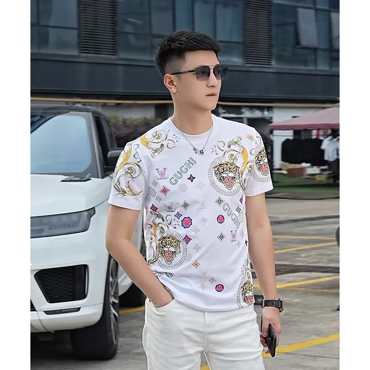 男士2025夏季新款个性虎头印花休闲t恤潮流修身百搭帅气圆领短袖