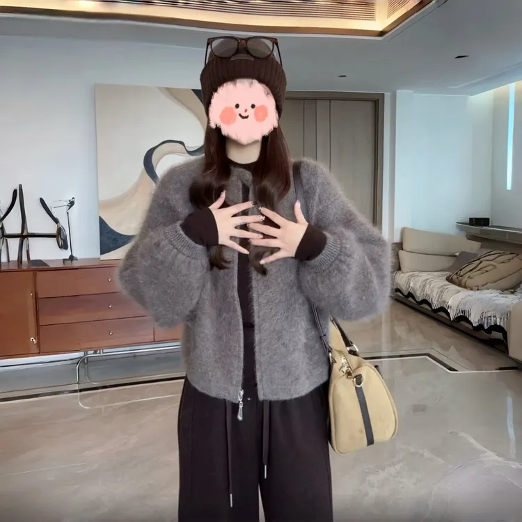 冬季温柔风氛围感宽松开衫一粒扣拉链毛衣外套女设计感休闲上衣潮