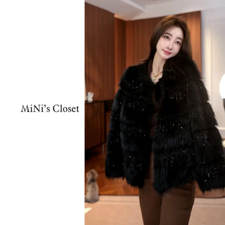 2025新款小香风显瘦显高保暖气质高级钉珠貂毛大衣外套