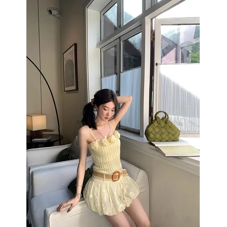 韩系洋气花朵镂空吊带背心蓬蓬花苞半身裙女夏季设计感小众两件套
