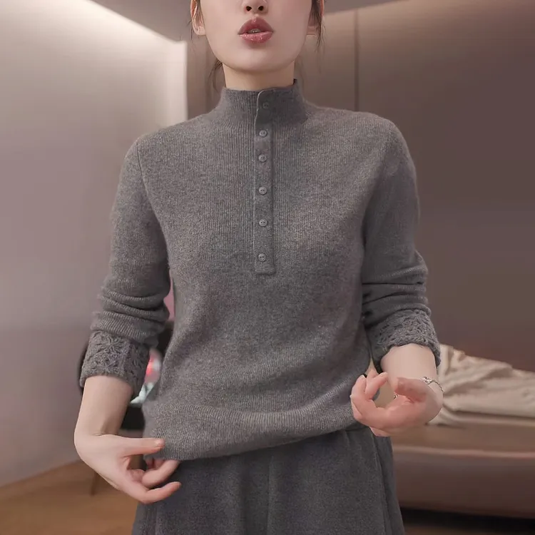 灰色半高领套头毛衣女秋冬慵懒风宽松显瘦钩花蕾丝打底针织衫上衣