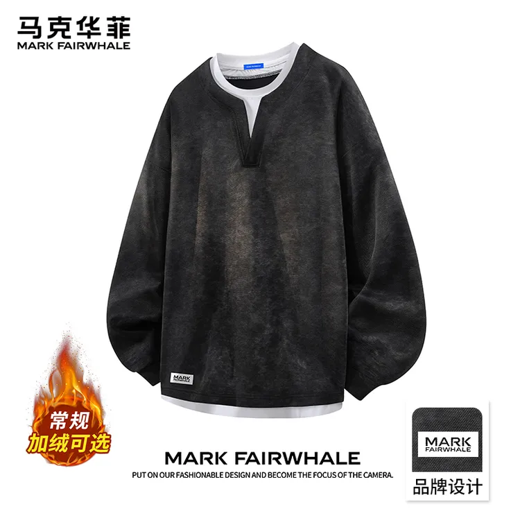马克华菲扎染长袖卫衣男士秋冬季时尚假两件宽松休闲舒适百搭上衣