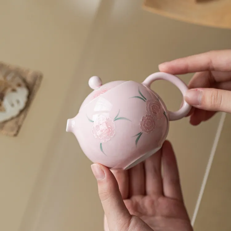 粉釉堆绘团花茶壶家用陶瓷泡茶壶单壶带球孔过滤冲茶器功夫茶具