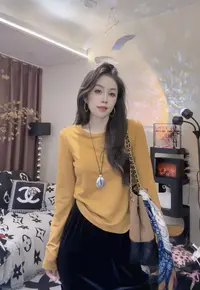 L.X~正肩圆领基础长袖T恤女2025秋冬百搭高弹洋气打底衫6935