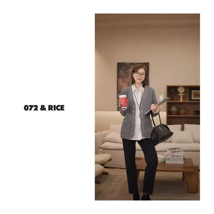 072 & RICE【月石灰】100羊毛 休闲V领长袖针织开衫 31LE079