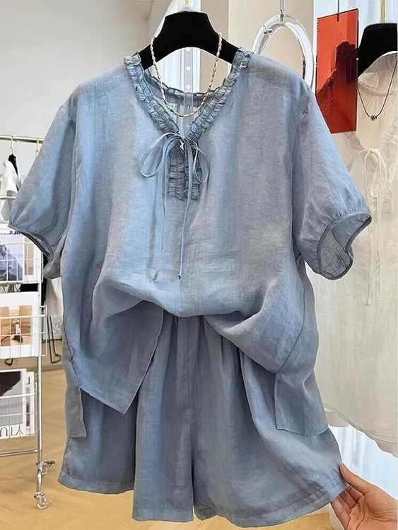 2025新款小个子高端精致气质休闲小香风蓝色衬衫短裤两件套装女夏