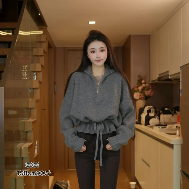 磊磊【灰谧凝香】收腰毛衣 半拉链高领宽松韩版显瘦毛衣#88233