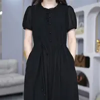 H286洋气显瘦冰丝四面弹连衣裙新款女装夏季短袖高档遮肉小黑裙子