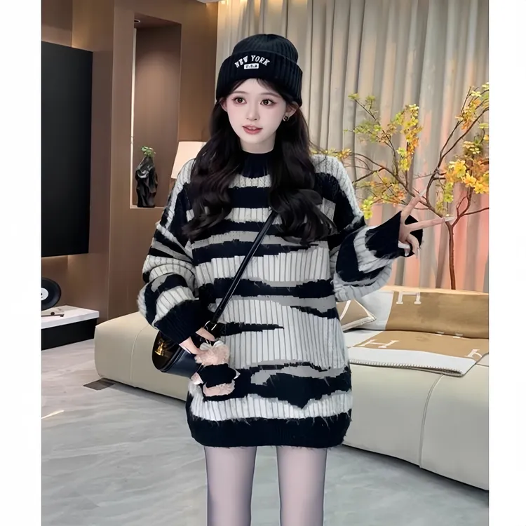 慵懒风软糯撞色条纹毛衣女秋冬新款宽松显瘦针织衫圆领套头上衣潮