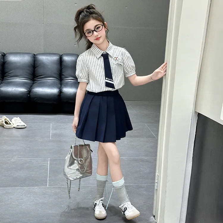 女童秋装裙子jk套装学院风2025新款儿童装条纹衬衫大童夏季两件套