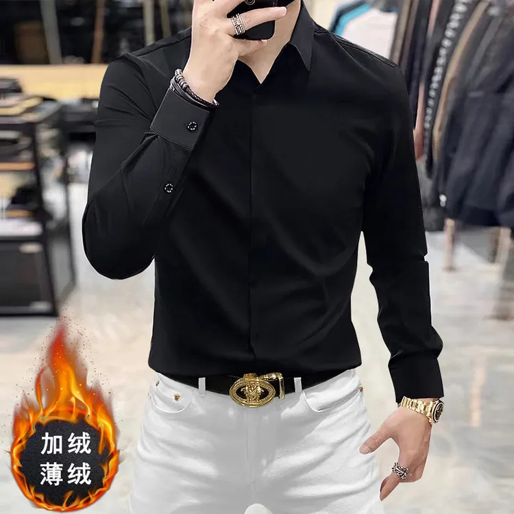 加绒薄绒高档暗扣双门襟男士长袖休闲衬衫修身商务免烫无痕衬衣男