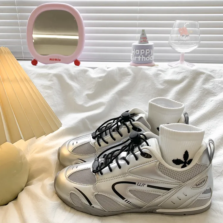 复古银色阿甘德训鞋女2025夏季新款超火赛车鞋厚底透气休闲运动鞋