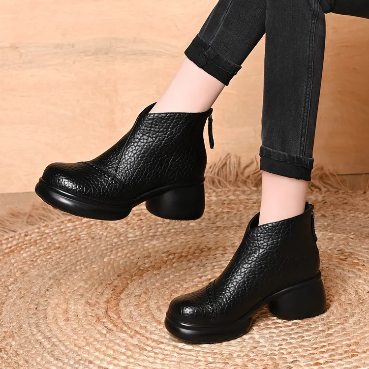 厚底圆头粗跟后拉链短靴女秋冬季新款加绒保暖短筒靴子百搭马丁靴