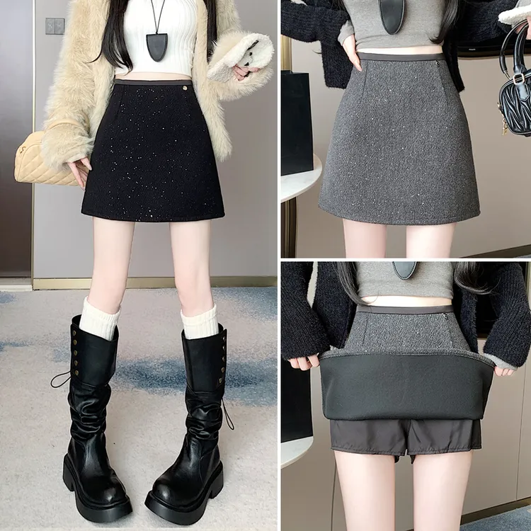 爆款大码毛呢亮片半身裙子2025年冬季新款a字短裙高腰遮胯包臀裙