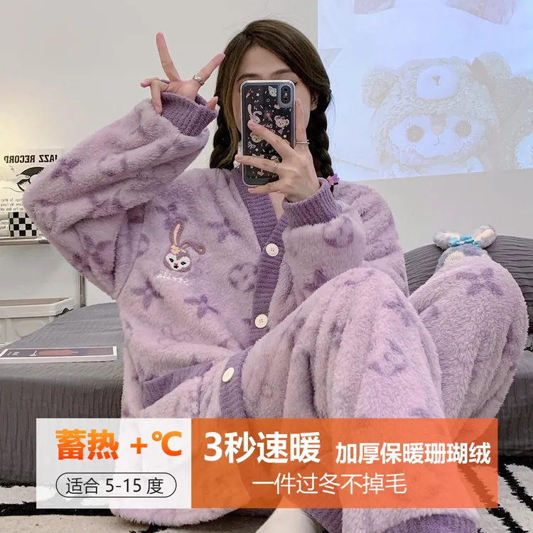 珊瑚绒睡衣女冬季加厚加绒2025新款慵懒风高颜值半边绒家居服套装