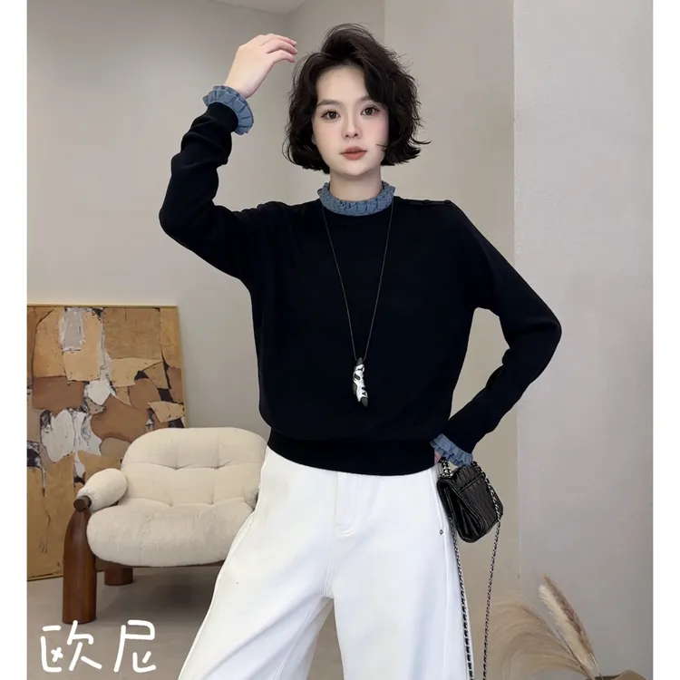 欧尼私服 2025秋冬新款半高领木耳边圆领长袖针织上衣2511C7520