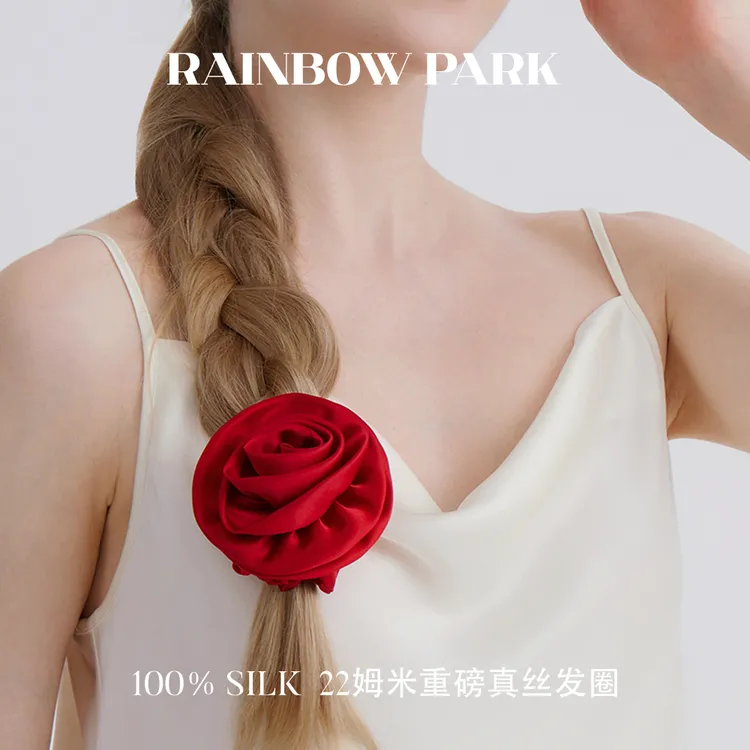 法式玫瑰花真丝大肠发圈高级感立体发绳头饰100%桑蚕丝22姆米silk