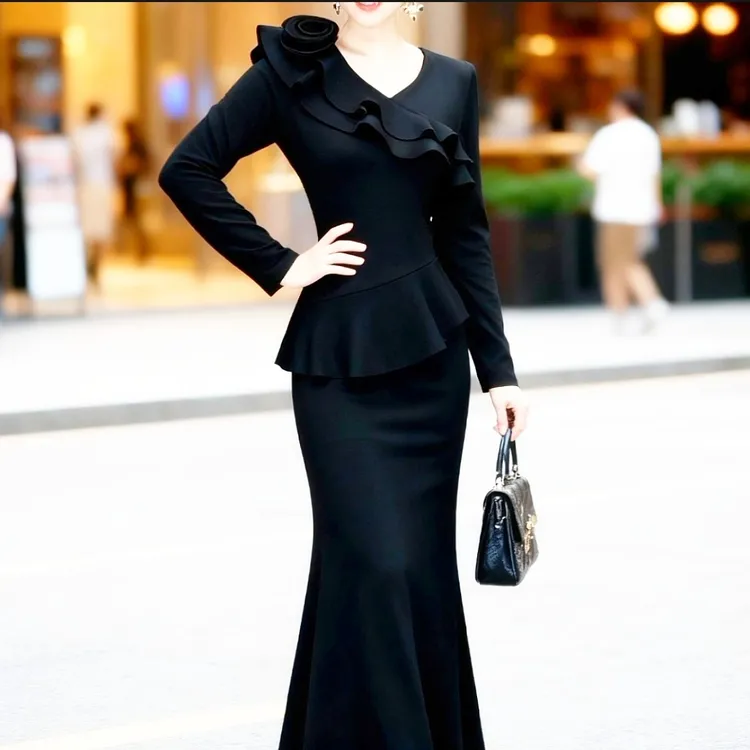 秋冬优雅气质修身显瘦遮肚子荷叶边鱼尾收腰包臀长款长袖连衣裙