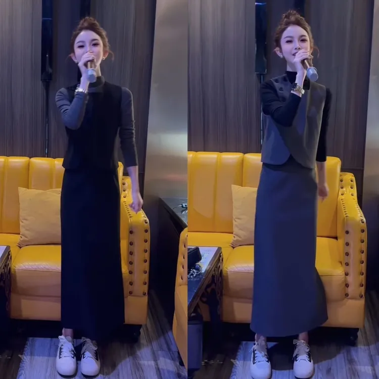 拉夏贝尔小香风马甲套装裙显瘦女2025秋季打底衫高级感半裙三件套