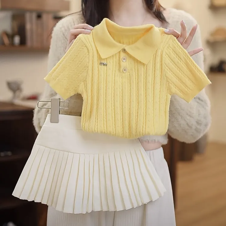 【3271人收藏】儿童女套装夏款2025新款公主风女童夏季针织短袖百褶