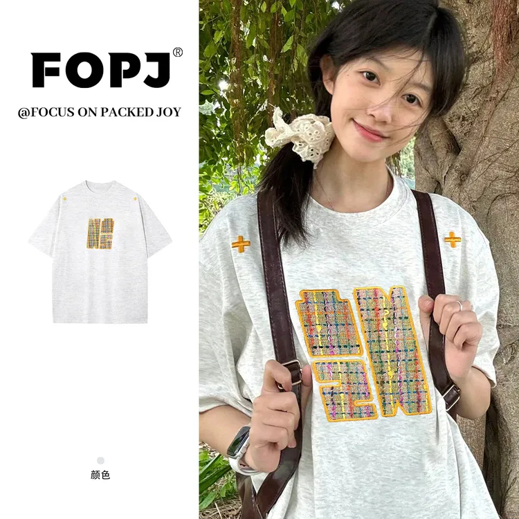 FOPJ韩系学院风夏季新款美式复古刺绣款纯棉短袖t恤女宽松ins上衣