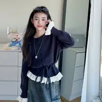 【Maila童装】女童韩系抽绳花边针织毛衣甜酷风牛仔工装裤春秋套装