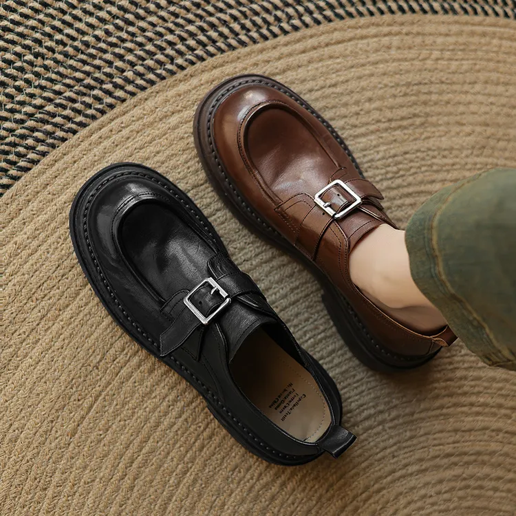 VICEN FIFI4cm/英伦风厚底乐福鞋女2026春真皮皮带扣百搭舒适单鞋