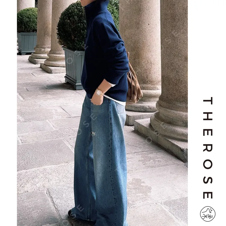 之柔【水光牛仔】日本冈山进口做旧直筒长裤时尚女士破洞百搭休闲裤