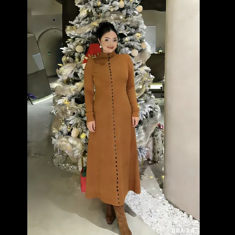 【Gz】秋冬洋气百搭显瘦一排扣半高领针织连衣裙0035