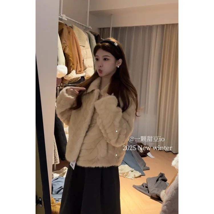 韩系高级感金叶貂环保仿皮草外套女25冬季新款皮毛一体保暖上衣