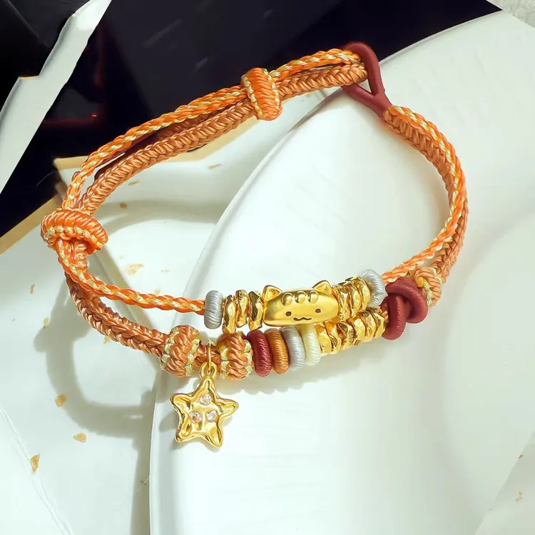 黄金法棍猫咪转运珠女2025新款足金999纯金可编绳喵咪手链女串珠